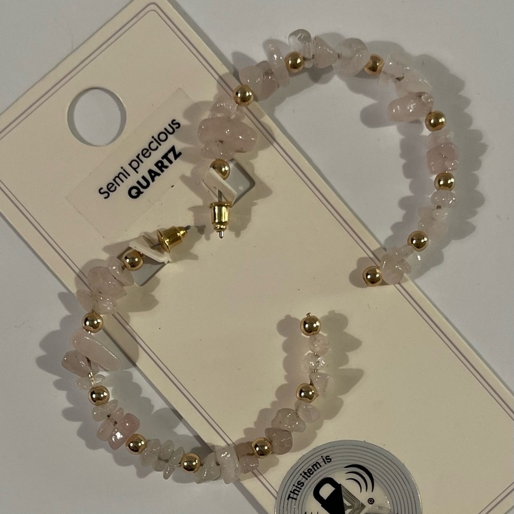NWT Semi-Precious Pink Quartz and Gold Hoop Earrings